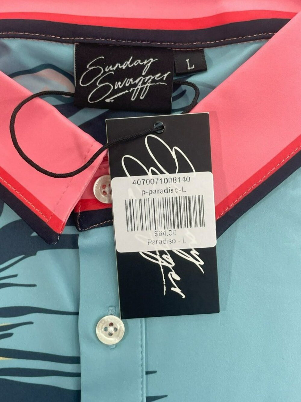 Sunday Swagger Polo Stretch Golf Hawaiian Floral Shirt Blue Pink Men's Sz L NEW - Picture 6 of 7